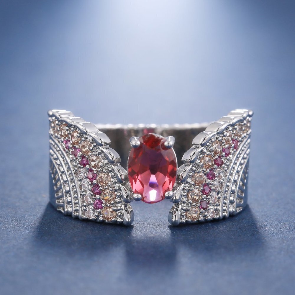 🔥 Ethnic Oval Red Ruby Zircon Wings Vintage Silver Ring for Women, PD596